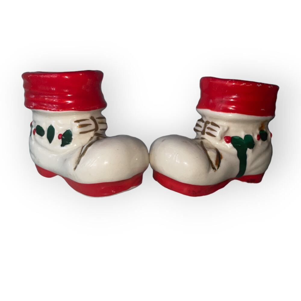 Vintage Lot 2 Mini 1.75" Santa Boots Christmas Ceramic Shoes Japan 1940-50s